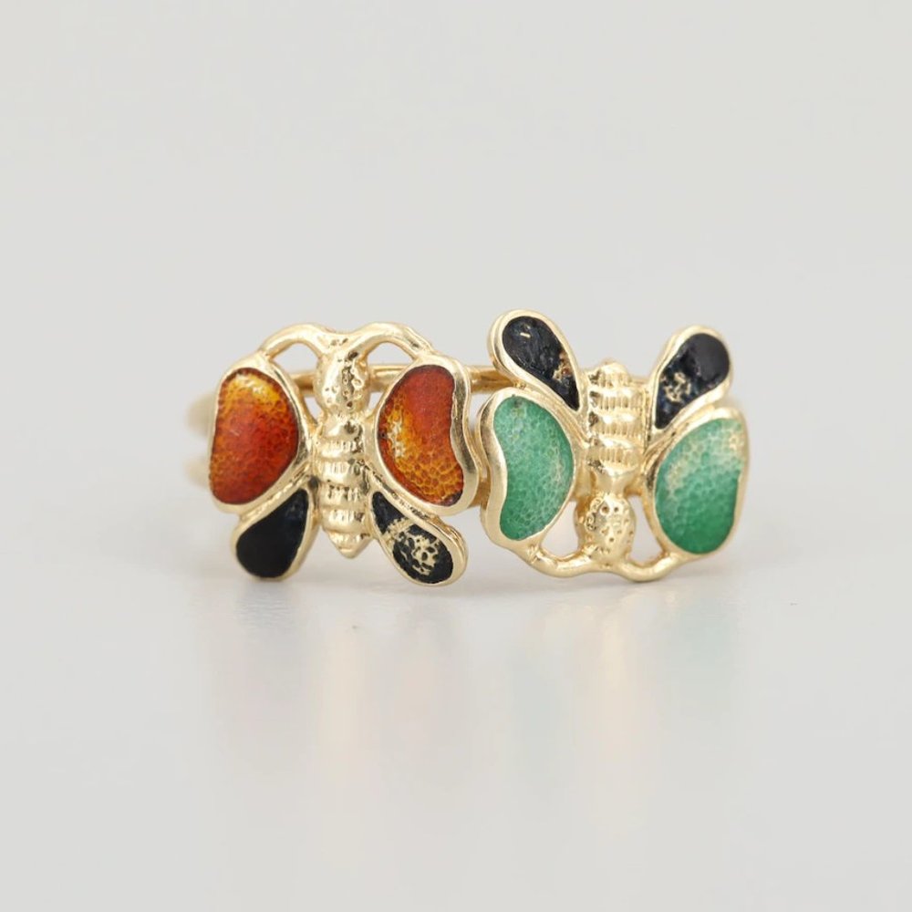 14K Yellow Gold Enamel Butterfly Ring Size 6